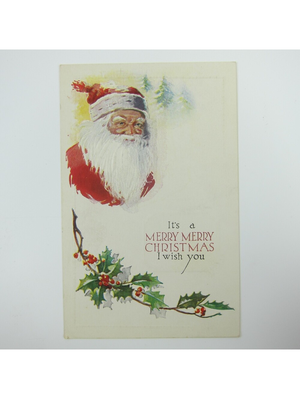Vintage Christmas Postcard Old World Santa Holly Berries Trees Embossed Antique